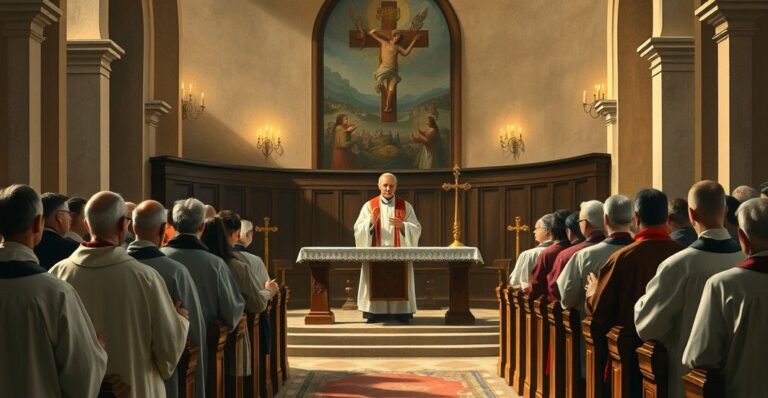Fotografia realistyczna tradycyjnego katolickiego ołtarza z kapłanem w liturgicznych szatach, skupiająca się na czci i wiernej liturgii, bez symboli modernistycznych