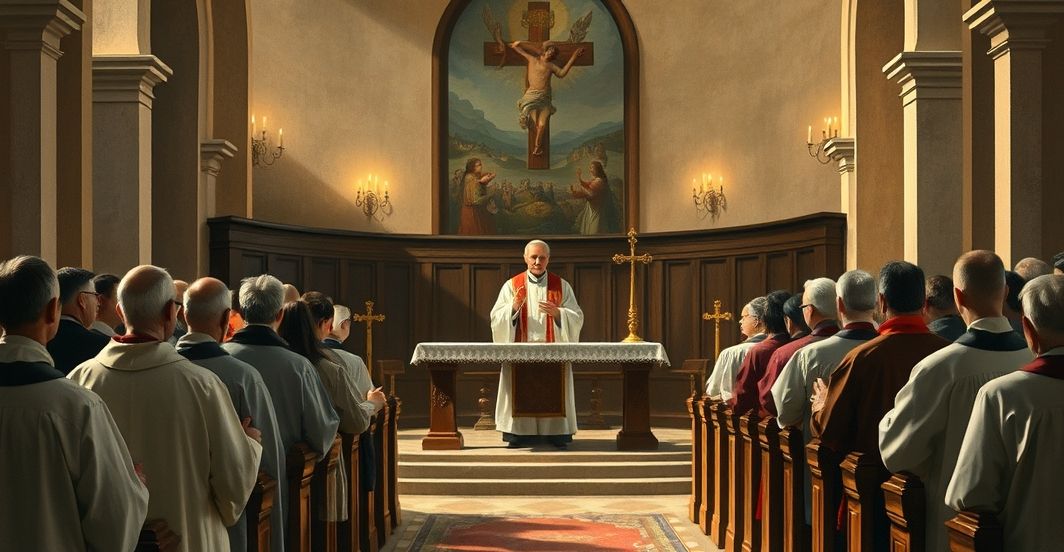 Fotografia realistyczna tradycyjnego katolickiego ołtarza z kapłanem w liturgicznych szatach, skupiająca się na czci i wiernej liturgii, bez symboli modernistycznych