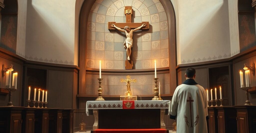 Tradycyjna katolicka scena liturgiczna z kapłanem przy ołtarzu, symbolizująca głęboką pobożność i autentyczną wiarę, bez nowoczesnych elementów