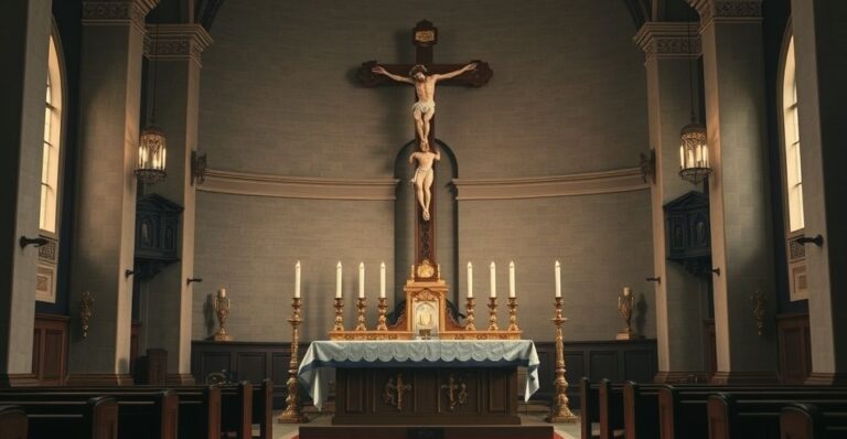 Rewerentny obraz katolickiej liturgii z tradycyjnym ołtarzem i krucyfiksem w sakralnym wnętrzu kościoła