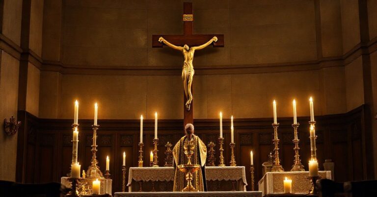 Obraz tradycyjnego ołtarza katolickiego z kapłanem, symbolizujący moralność i duchową walkę przeciw modernistycznym zagrożeniom