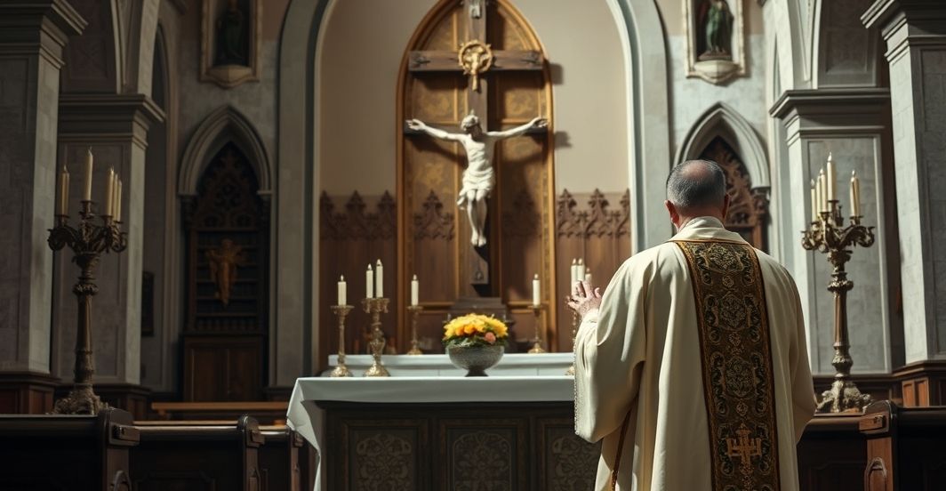 Religijna scena katolicka z kapłanem modlącym się przy ołtarzu w tradycyjnym kościele, oddająca powagę i pobożność, nawiązując do tematu krytyki modernistycznej i braku dyscypliny kanonicznej