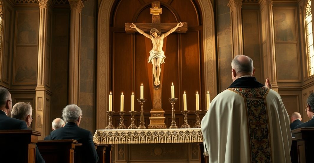 Tradycyjna katolicka scena z ołtarzem i kapłanem, symbolizująca pobożność i panowanie Chrystusa, ukazująca duchową głębię i autorytet w kontekście kryzysu moralnego i politycznego.