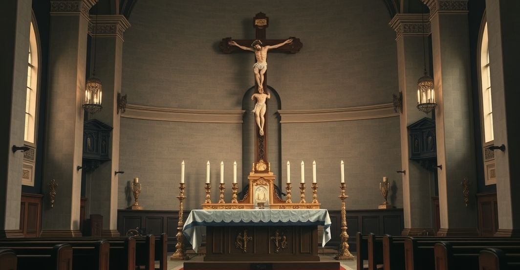 Tradycyjna scena liturgiczna w katolickim stylu z kapłanem Tradycyjna katolicka scena liturgiczna z kapłanem przy ołtarzu, symbolizująca głęboką pobożność i autentyczną wiarę, bez nowoczesnych elementów