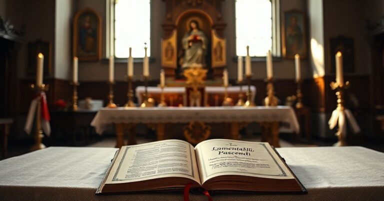 Tradycyjny ołtarz katolicki z elementami liturgii trydentyńskiej i ksiąg papieskich potępiających modernizm.