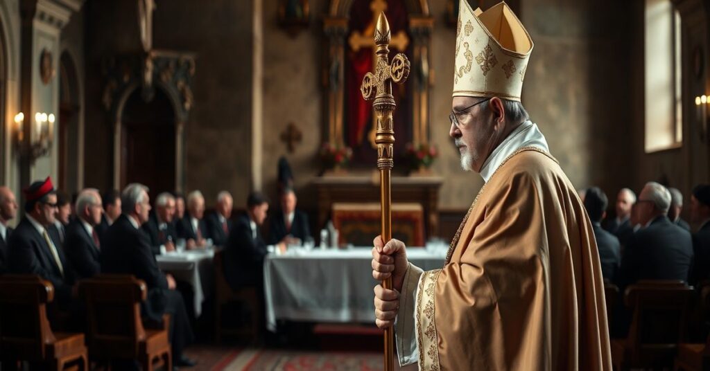 Obraz tradycyjnego biskupa katolickiego w pełnych szatach liturgicznych stojącego przed ołtarzem kościoła w Polsce z krzyżem biskupim, patrząc na modernistyczny komitet podczas synodu
