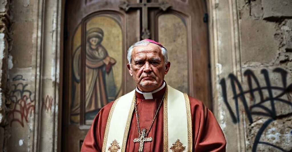 Tradycyjny biskup katolicki w pełnym stroju liturgicznym stoi przed starym, pogrążonym w ruinach kościołem z krucyfiksem. Na tle widoczna jest blaknąca freska św. Klary z Asyżu.