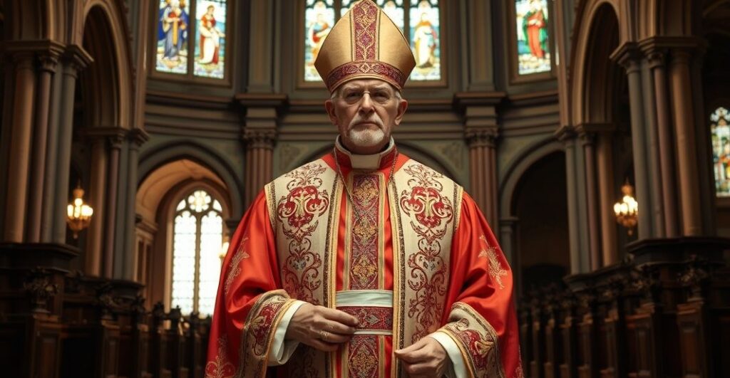 Sobny katolicki biskup w tradycyjnych szatach w głębokim, klasycznym kościele, symbolizujący autentyczną hierarchię i wierność tradycji katolickiej, odrzucającą modernizm
