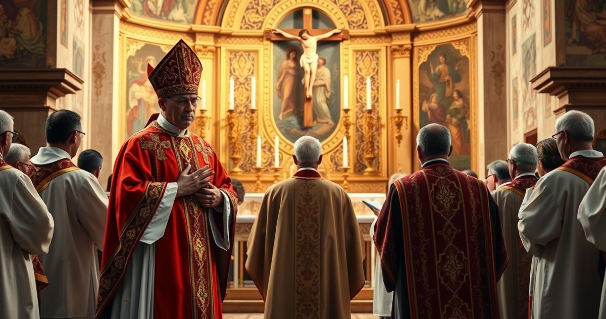 Fotografia realistyczna biskupa katolickiego w liturgii, symbolizująca wierność tradycji i sakramentom Kościoła katolickiego, z powagą i duchową głębią.