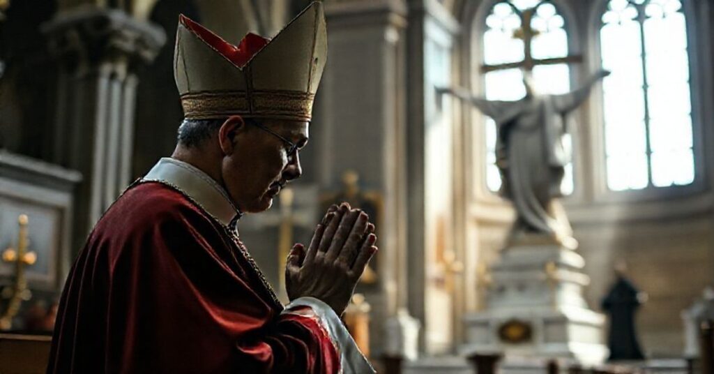 Tradycyjny katolicki biskup modli się przed rzeźbą Chrystusa Króla po zamachach w Paryżu