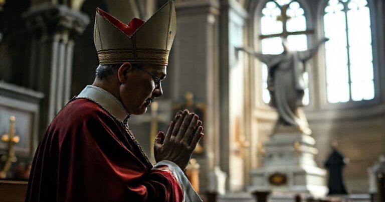 Tradycyjny katolicki biskup modli się przed rzeźbą Chrystusa Króla po zamachach w Paryżu