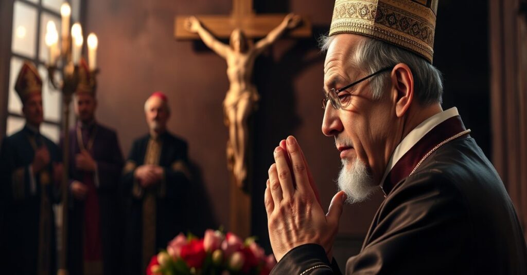 Tradycyjny biskup w modlitwie przed krzyżem z widocznymi na tle postaciami heretyckich 'biskupów' Shalety i Sako w dezintegrującym otoczeniu.