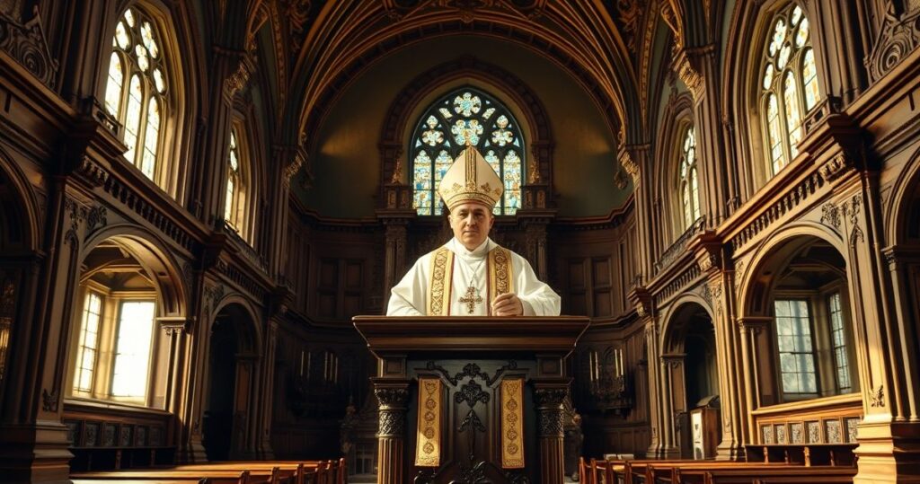 Tradycyjny katolicki biskup w pełnych szatach liturgicznych przemawia w historycznym wnętrzu kościoła, ukazując powagę i duchową autorytet zgodny z tradycją sedevakantystyczną.