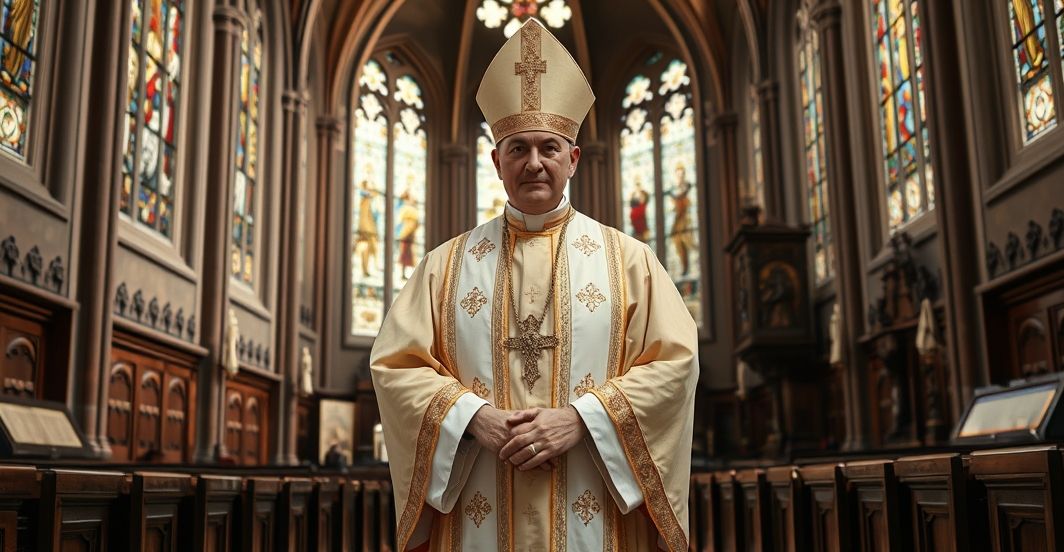 Szlachetny portret tradycyjnego katolickiego biskupa w świątyni, symbolizujący powagę i wierność wierze katolickiej w kontekście kryzysu modernistycznego