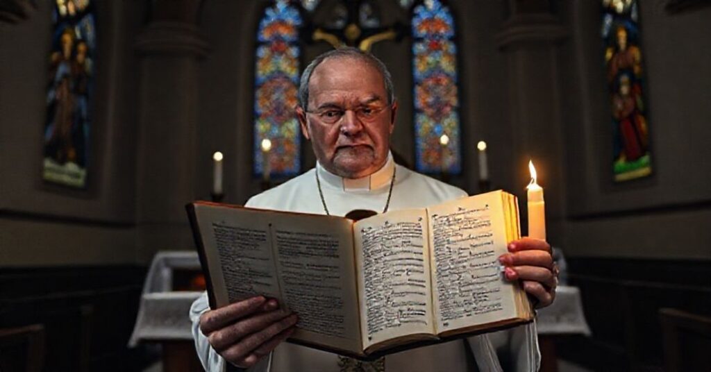 Ksiądz w tradycyjnym habitacie trzyma Breviarium Romanum z 1960 roku obok nowoczesnego wydania Liturgii Godzin w kaplicy pełnej cienia i nabożeństwa