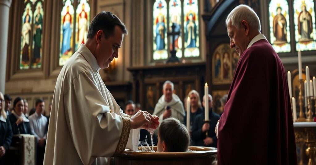 Tradycyjny katolicki chrzest dorosłego w kościele w stylu gotyckim z biskupem i kapłanem w pełnej liturgicznej szacie.