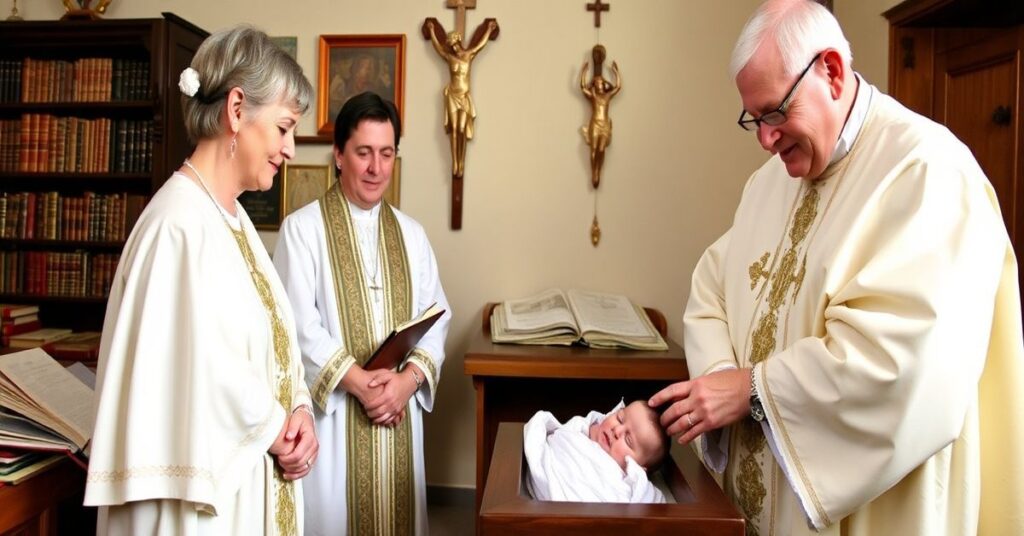 Tradycyjny kapłan katolicki chrztuje niemowlę w kościele podczas gdy Mary McAleese i rzekomi biskupi patrzą krytycznie.