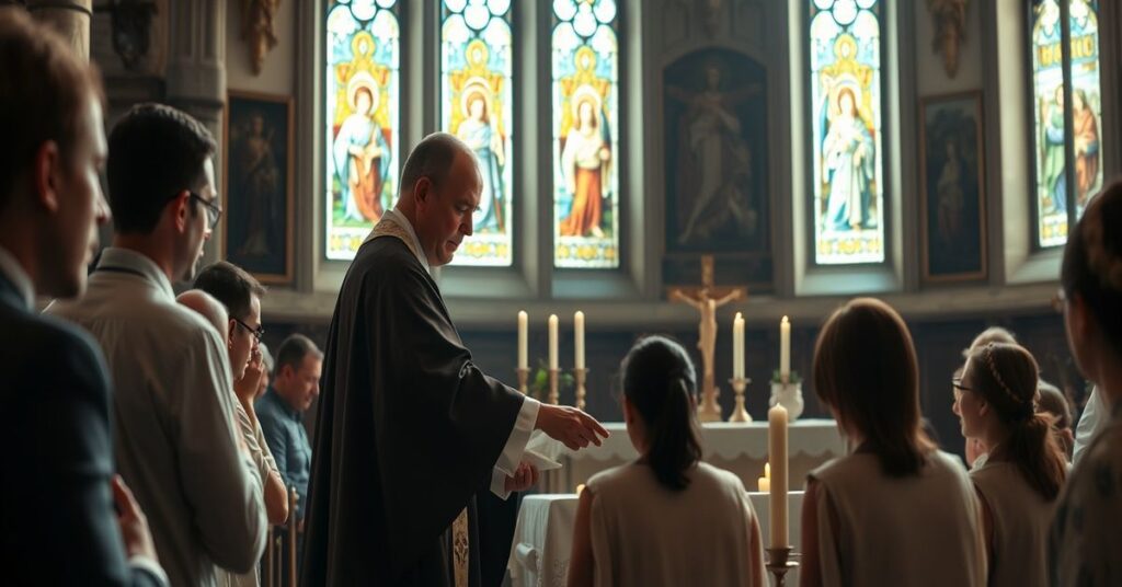 Tradycyjna katolicka ceremonia chrztu w historycznej francuskiej kościele. Kapłan w sutannie udziela sakramentu chrztu dorosłemu konwertytowi otoczonemu wiernymi. Scena jest pełna pokory i świętości.