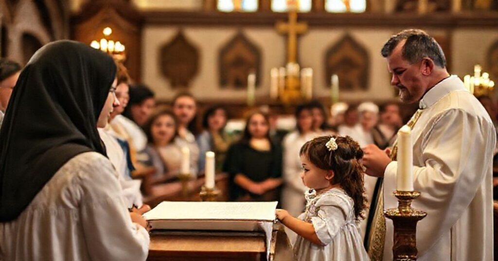 Tradycyjny rzymskokatolicki chrzest w kościele z kobietą z zespołem Downa pełniąca rolę matki chrzestnej.