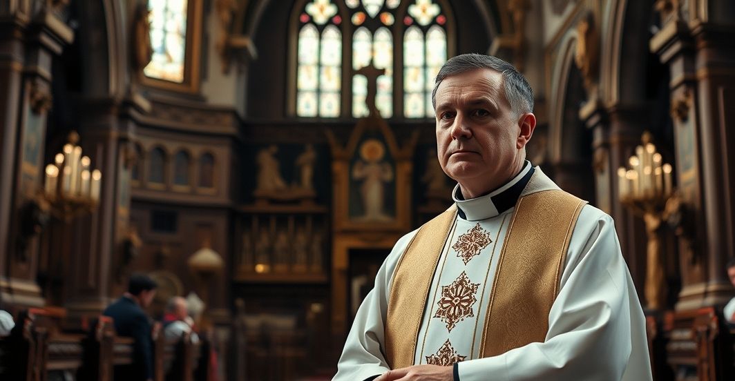 Tradycyjny katolicki diakon podczas mszy w kościele Reczny obraz tradycyjnego katolickiego diakona podczas mszy w zabytkowym kościele, symbol wiernej służby Chrystusowi w obliczu współczesnych zagrożeń duchowych.