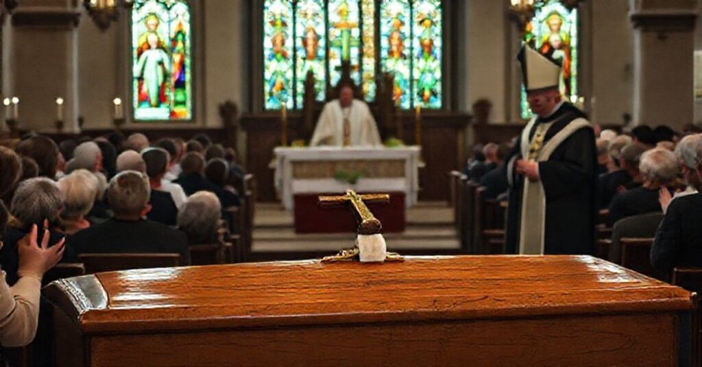 Tradycyjny ryt funeracyjny w kościele z modlącymi się wiernymi podczas Mszy Trydenckiej, na tle postkoncyliarny biskup bez ważnych święceń stoi obojętnie.