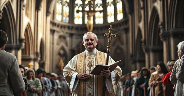 Katedra w Elblągu z tradycyjnymi elementami katolickimi podczas ingresu biskupa.