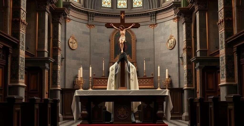 Szalony katolicki kapłan w liturgicznym stroju, modlitewnie trzymający krzyż w tradycyjnej świątyni, symbolizujący walkę o prawdziwą wiarę przeciw modernistycznej herezji