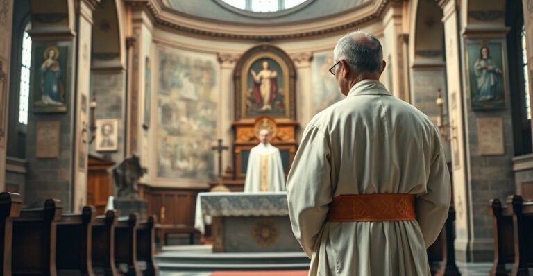 Reverent Catholic priest w tradycyjnym ornacie przed ołtarzem w starożytnej świątyni, symbolizujący wierność naukom Kościoła sprzed Soboru Watykańskiego II