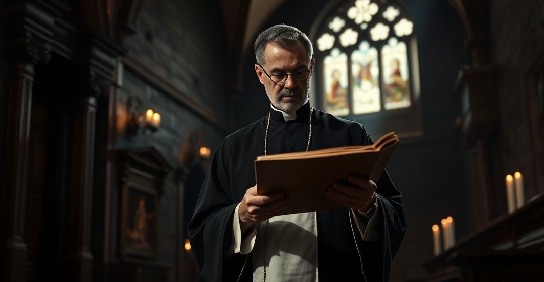 Kapłan katolicki w tradycyjnym stroju, analizujący dokumenty w kościele, symbolizujący troskę o prawdziwe cuda i odrzucenie nowoczesnych wypaczeń