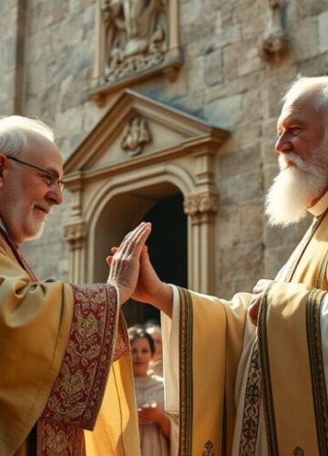 Kulturowa scena katolicka w tradycyjnym wydaniu - obraz wiernej wspólnoty Realistyczny obraz katolickiego kapłana błogosławiącego wiernych przed starym kościołem, ukazujący szczerą pobożność i oddanie Tradycji Kościoła, w spokojnej i pełnej szacunku atmosferze.