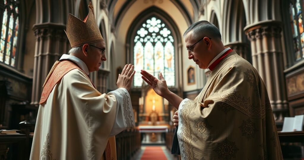 Fotografia realistycznego kapłana w tradycyjnym stroju podczas błogosławieństwa w katolickiej świątyni, oddająca powagę i autentyczność liturgii.