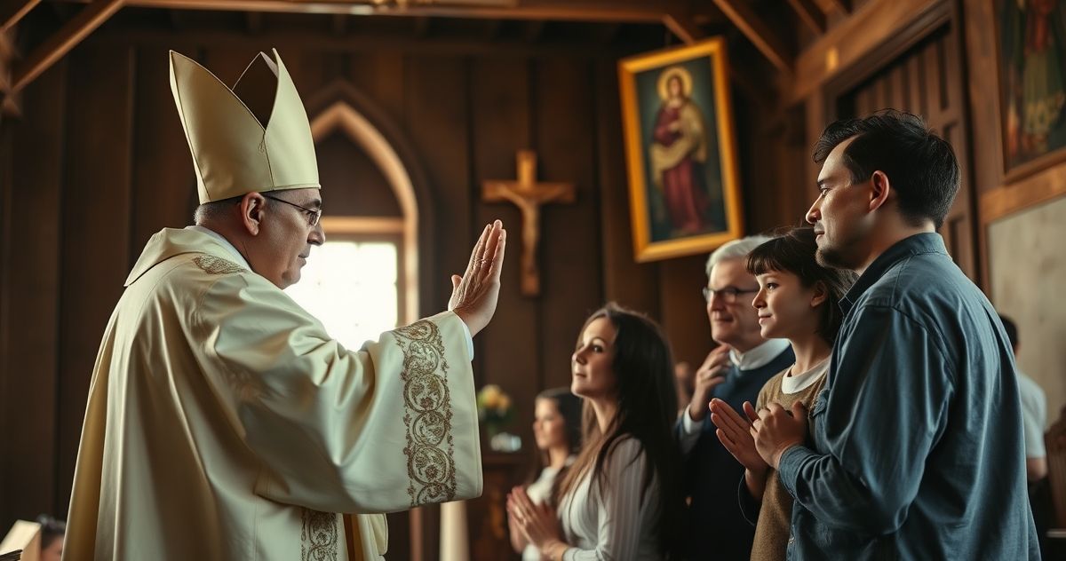 Fotografia katolickiego duchownego błogosławiącego rodziny w tradycyjnej kaplicy, odzwierciedlająca wierność naukom Kościoła sprzed 1958 roku