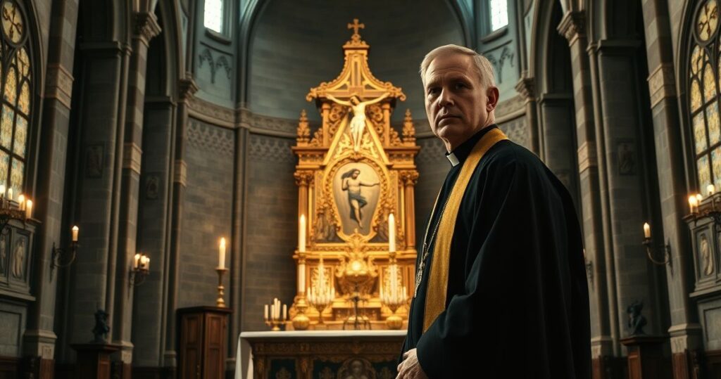 Kapłan w tradycyjnym stroju katolickim w kościele, modlący się przed ołtarzem, symbolizujący obronę wiary przed nowoczesnym relatywizmem
