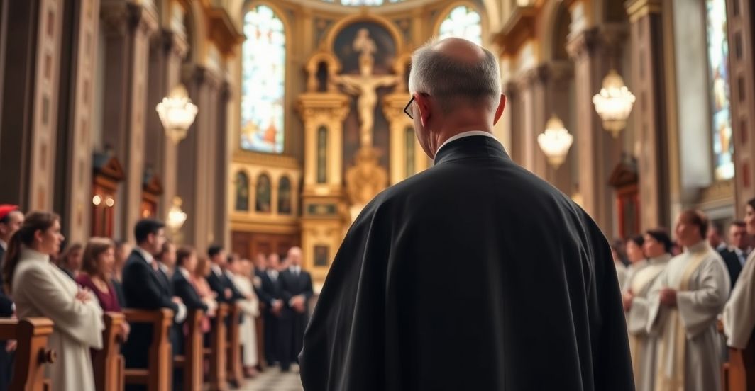 Realistyczne zdjęcie tradycyjnego katolickiego kapłana w kościele podczas kontrowersyjnej ceremonii kanonizacji, podkreślające powagę i starożytną tradycję