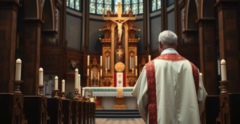Kapłan katolicki w tradycyjnych szatach, modlący się przy ołtarzu z Eucharystią w kościele, w atmosferze czci i skupienia, w realistycznym, szacownym ujęciu