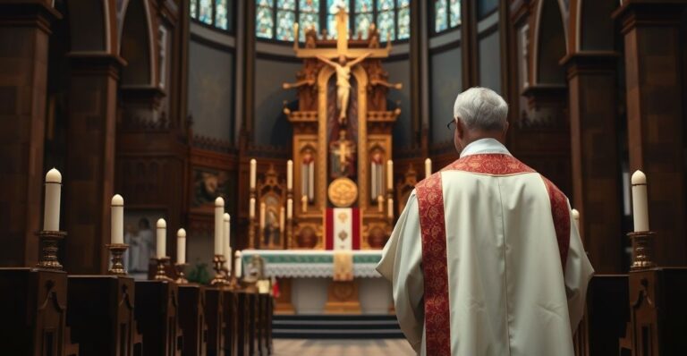 Kapłan katolicki w tradycyjnych szatach, modlący się przy ołtarzu z Eucharystią w kościele, w atmosferze czci i skupienia, w realistycznym, szacownym ujęciu