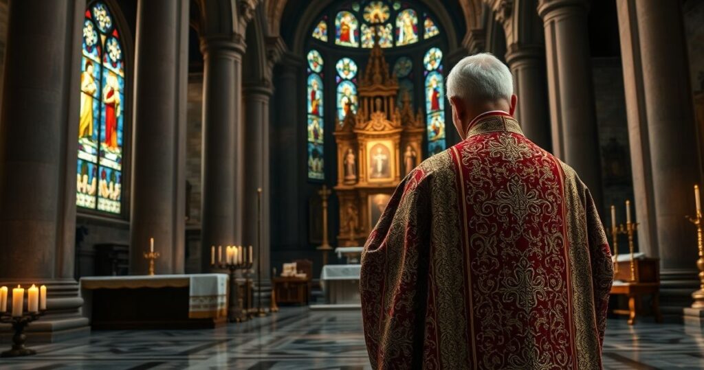 Fotografia realistycznego kapłana w tradycyjnym stroju podczas liturgii w starej katedrze, ukazująca powagę i wierność katolickim wartościom