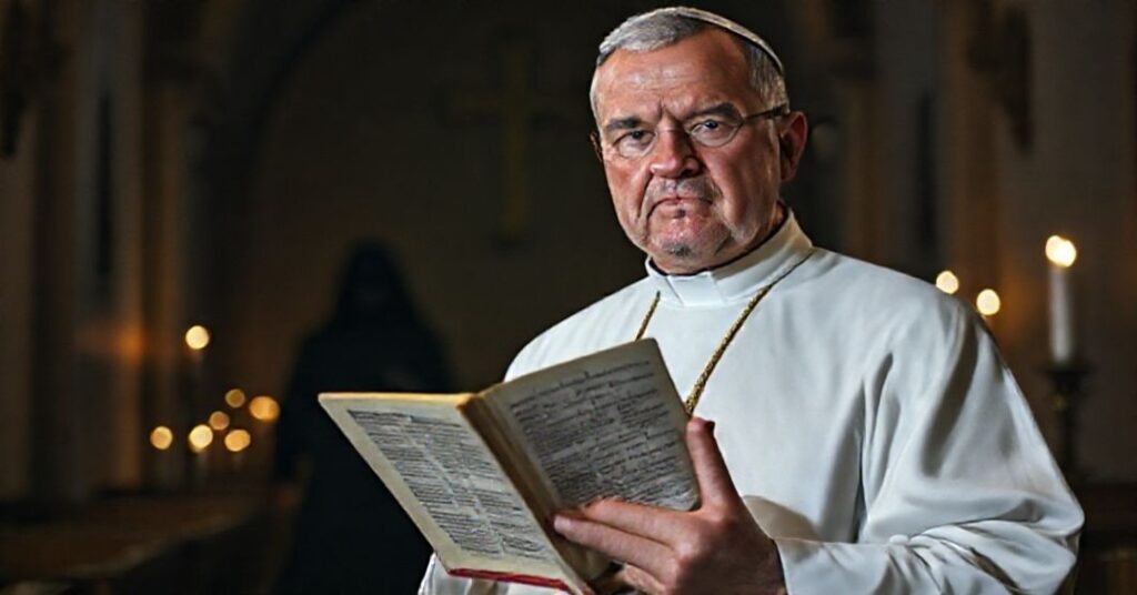 Kapelan w tradycyjnym habitacie stoi w kościele przy świecach palącej się z talentami, wskazuje na bezpośredni grzech przeciw V przykazaniu w Katechizmie