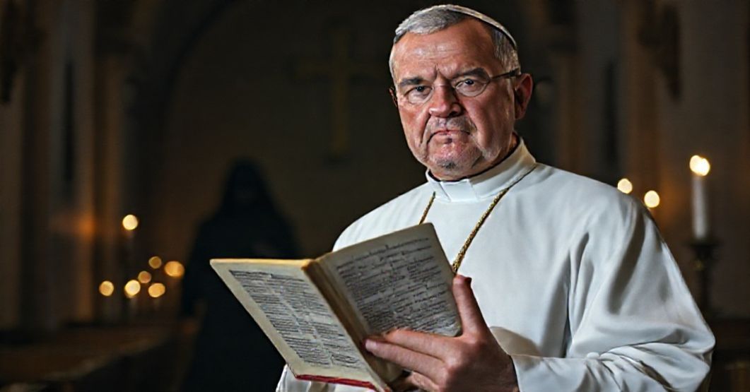 Kapelan w tradycyjnym habitacie stoi w kościele przy świecach palącej się z talentami, wskazuje na bezpośredni grzech przeciw V przykazaniu w Katechizmie