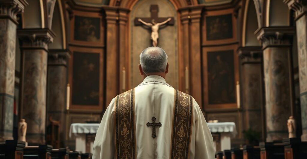 Kapłan katolicki w tradycyjnych szatach przed ołtarzem, wyraz powagi i krytyki wobec modernistycznych wydarzeń religijnych w kościele