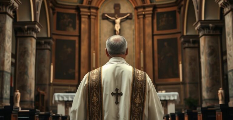 Kapłan katolicki w tradycyjnych szatach przed ołtarzem, wyraz powagi i krytyki wobec modernistycznych wydarzeń religijnych w kościele