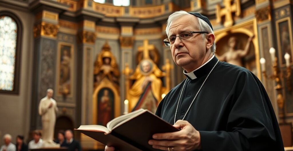 Fotografia realistyczna przedstawiająca katolickiego kapłana w tradycyjnym kościele podczas kazania, symbolizująca autentyczną naukę katolicką i sprzeciw wobec modernistycznych zmian