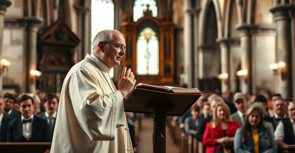 Kapłan w liturgicznych szatach głosi kazanie w tradycyjnej katolickiej świątyni, symbolizując odrzucenie nowoczesnych herezji i powrót do prawdziwej wiary