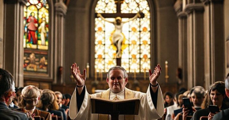 Powaga tradycyjnego kapłana podczas kazania w kościele przeciwko redukcji zbawienia do aktywizmu społecznego