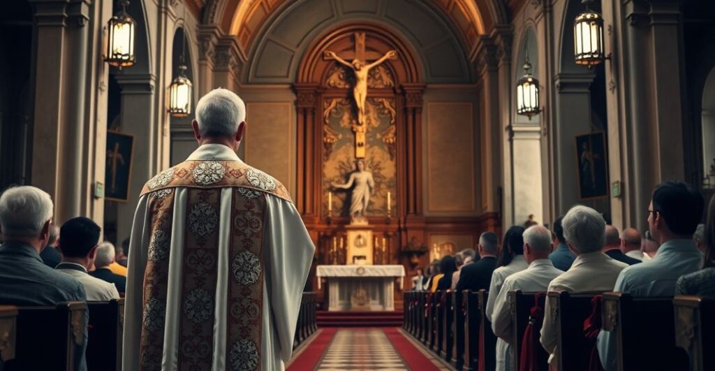 Kapłan w tradycyjnych szatach w katolickim kościele, symbolizujący wierność tradycji i krytykę modernistycznych tendencji.