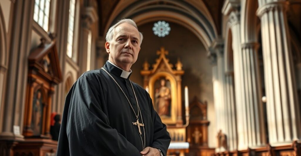 Zdjęcie tradycyjnego katolickiego kapłana w czarnej sutannie, stojącego w świątyni, wyrażającego powagę i krytykę nowoczesnych wpływów w Kościele
