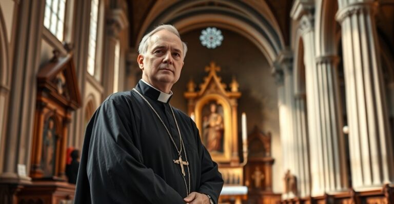 Zdjęcie tradycyjnego katolickiego kapłana w czarnej sutannie, stojącego w świątyni, wyrażającego powagę i krytykę nowoczesnych wpływów w Kościele