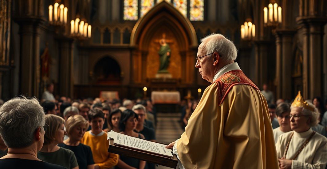 Zdjęcie kapłana głoszącego homilię w tradycyjnej katolickiej świątyni, krytykującego modernistyczne wypaczenia kultu maryjnego