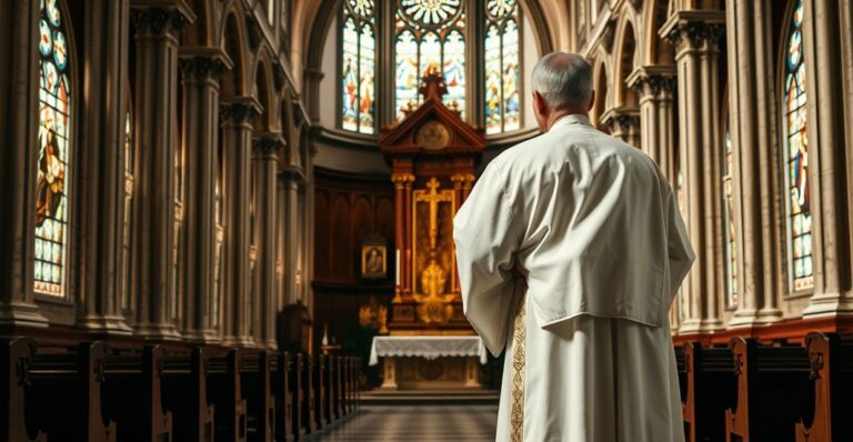 Kapłan w tradycyjnej liturgii katolickiej w starej, klasycznej świątyni, symbolizujący odrzucenie modernizmu i posoborowych zmian w Kościele