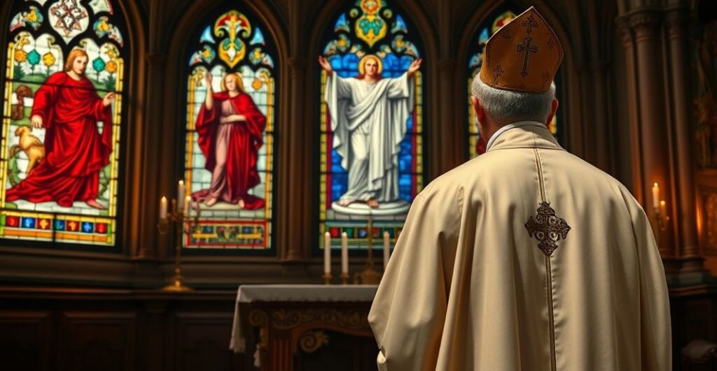 Ksiądz w tradycyjnym ubiorze stojący przed witrażem Chrystusa Króla, symbolizujący prawdziwą wiarę katolicką i odrzucenie modernistycznej rewolucji w katechezie